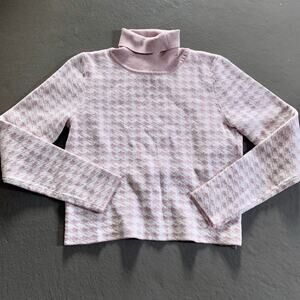 Coco and Shay Houndstooth Pink White Turtleneck Sweater Cut Out Back XS